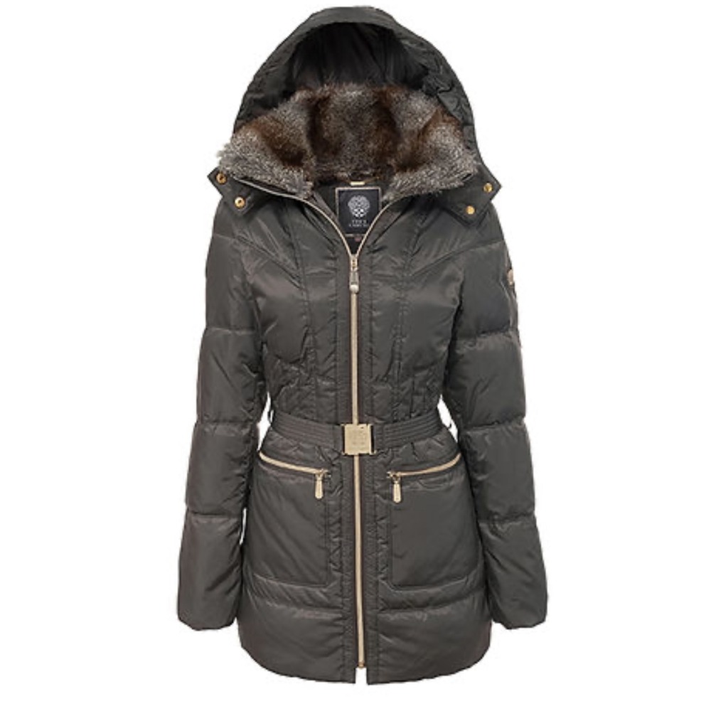 Vince Camuto Women's Black Belted Faux Fur Hooded Down Puffer Coat Size M